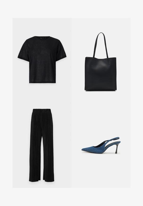 Black short-sleeve t-shirt with a relaxed fit, featuring a smooth texture and a crew neckline. Lightweight fabric with a subtle sheen.; Black pleated trousers with an elastic waistband. Features wide legs and a smooth, textured fabric with vertical stripes.; Blue denim slingback heels with a pointed toe, featuring a slender black heel and a textured fabric upper. Open back design.; Black leather tote bag with smooth texture, rectangular shape, and two long handles. No visible hardware or embellishments.