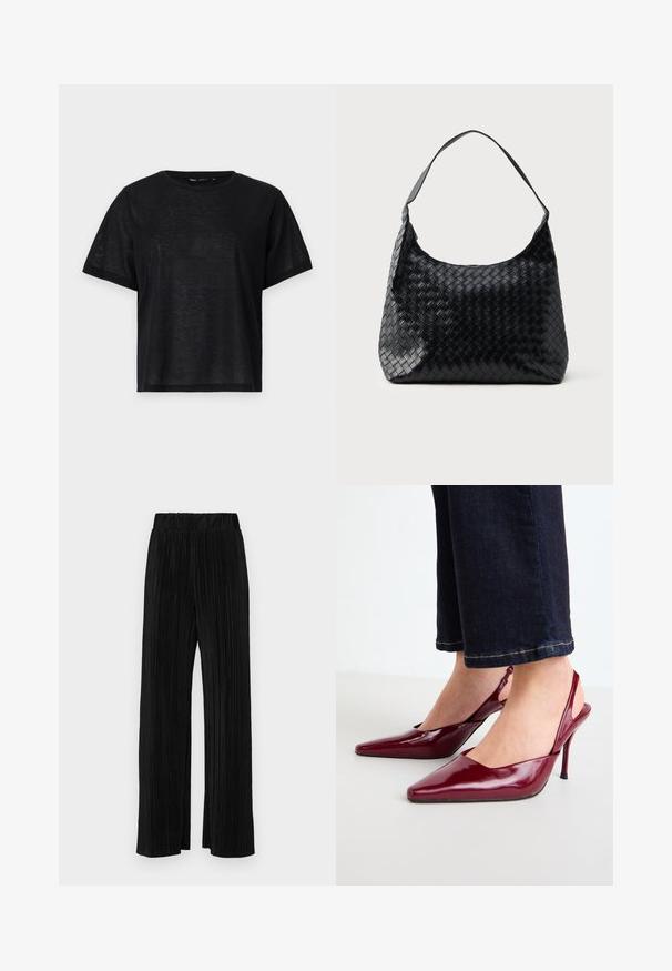 Must musta lühikese varrukaga T-särk, millel on vabalt langev lõige, sile tekstuur ja ümmargune kaelus. Kerge kangas, millel on kerge sära.; Mustad pleekitud püksid elastse vöökohtaga. Omavad laiad jalad ja sujuvat, tekstureeritud kangast vertikaalsete triipudega.; Burgundi patendi nahkkinga kõrged kontsad terava varbaga ja õhukese stiletto kontsaga, millel on avatud selg ja minimalistik disain.; Mustast kootud nahast kott ühe õlaremaga, millel on pehme, kaarjas kuju ja särav pind. Väline tasku ei ole nähtav.