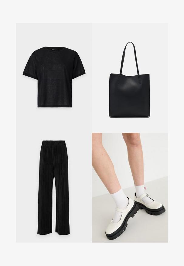 T-shirt preto de manga curta com um corte descontraído, apresentando uma textura suave e um decote redondo. Tecido leve com um brilho subtil.; Calças pregueadas pretas com uma cintura elástica. Apresentam pernas largas e um tecido liso, texturizado com riscas verticais.; Sapatos Mary Jane em couro sintético branco com sola grossa preta, apresentando uma tira sobre o peito do pé e usados com meias brancas.; Bolsa tote preta em couro com textura lisa, forma retangular e duas alças longas. Sem hardware ou enfeites visíveis.