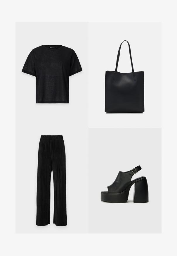 Black short-sleeve t-shirt with a relaxed fit, featuring a smooth texture and a crew neckline. Lightweight fabric with a subtle sheen.; Black pleated trousers with an elastic waistband. Features wide legs and a smooth, textured fabric with vertical stripes.; Black open-toe platform sandals with a curved design, slingback strap, and chunky block heel. Smooth leather texture, minimalist style.; Black leather tote bag with smooth texture, rectangular shape, and two long handles. No visible hardware or embellishments.