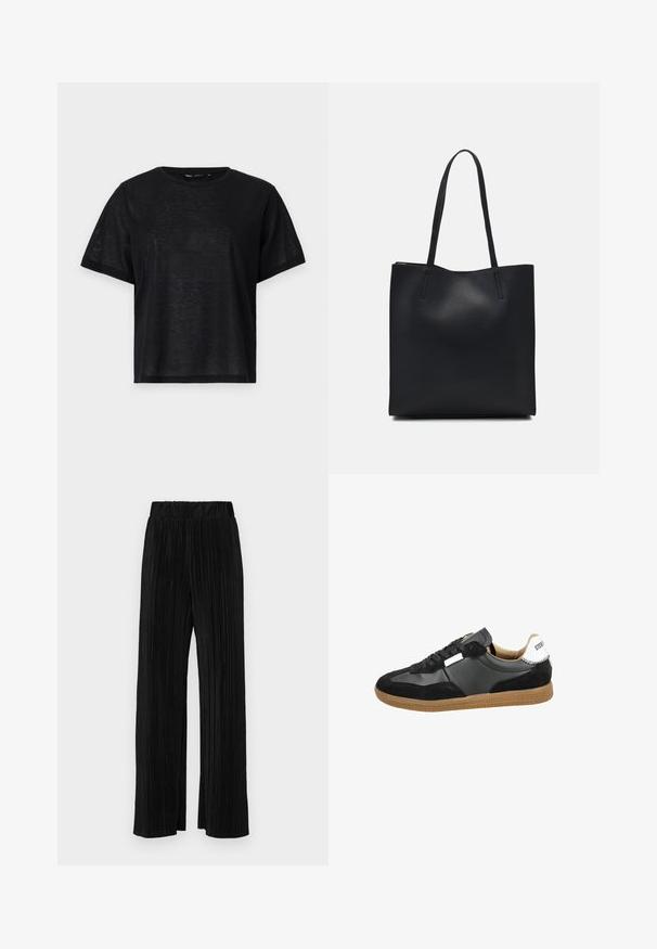 Black short-sleeve t-shirt with a relaxed fit, featuring a smooth texture and a crew neckline. Lightweight fabric with a subtle sheen.; Black pleated trousers with an elastic waistband. Features wide legs and a smooth, textured fabric with vertical stripes.; Black sneaker with suede and leather materials, featuring a rubber sole, prominent lacing, and a white accent at the heel.; Black leather tote bag with smooth texture, rectangular shape, and two long handles. No visible hardware or embellishments.