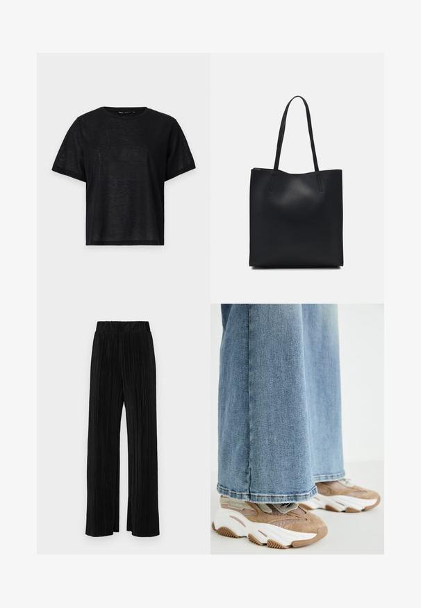 Must musta lühikese varrukaga T-särk, millel on vabalt langev lõige, sile tekstuur ja ümmargune kaelus. Kerge kangas, millel on kerge sära.; Mustad pleekitud püksid elastse vöökohtaga. Omavad laiad jalad ja sujuvat, tekstureeritud kangast vertikaalsete triipudega.; Steve Madden POSSESSIONE - Tossud - oatmeal; Mustast nahast kott sujuva tekstuuriga, ristkülikukujuline ja kahe pika sangaga. Pole nähtavat riistvara ega kaunistusi.