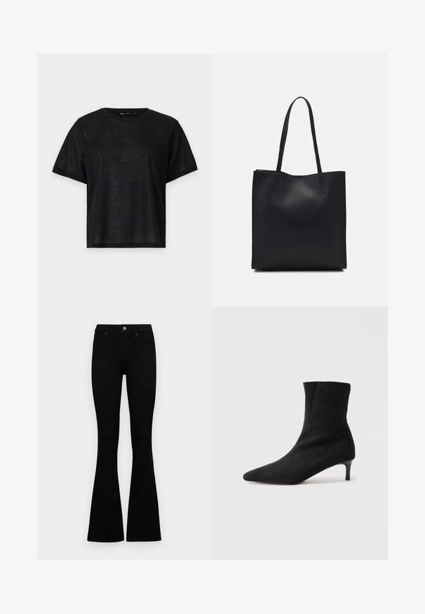 T-shirt preto de manga curta com um corte descontraído, apresentando uma textura suave e um decote redondo. Tecido leve com um brilho subtil.; Jeans pretos de cintura alta com fecho de botão e zíper, bolsos frontais e pernas largas dispostos em cima de um fundo branco.; Bota de tornozelo em camurça preta com bico pontiagudo e um salto slim, ligeiramente curvado. Texto suave e design minimalista.; Bolsa tote preta em couro com textura lisa, forma retangular e duas alças longas. Sem hardware ou enfeites visíveis.
