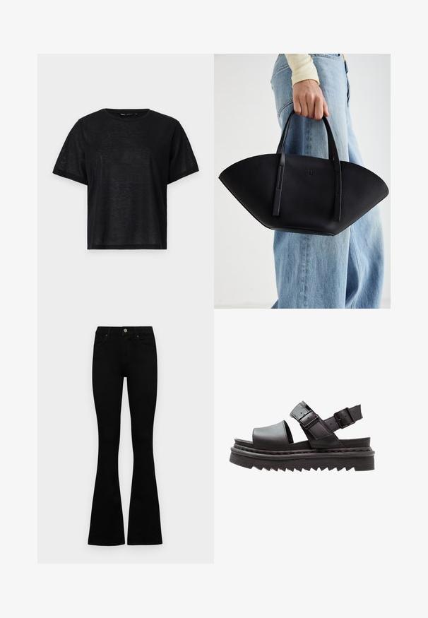 Zwart t-shirt met korte mouwen en een relaxte pasvorm, voorzien van een gladde textuur en een ronde hals. Lichtgewicht stof met een subtiele glans.; Zwarte hoge taille jeans met een knoop- en ritssluiting, voorzakken en een flared pijp, plat gelegd op een witte achtergrond.; Zwarte leren sandalen hebben een brede teband, twee verstelbare gespbanden en een dikke, geribbelde platformzool voor stabiliteit.; Zwarte leren handtas met een unieke waaier vorm, voorzien van platte handvatten. Het oppervlak heeft een gewelfde textuur en een minimalistisch ontwerp.