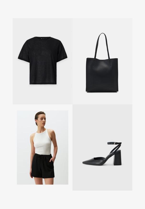 Zwart t-shirt met korte mouwen en een relaxte pasvorm, voorzien van een gladde textuur en een ronde hals. Lichtgewicht stof met een subtiele glans.; Jimmy Key WITH TIE WAIST - Trainingsbroek - black; Zwarte leren puntige pump met een enkelbandje en een chunky hak. Vlakke textuur, strakke vormgeving en minimalistische esthetiek.; Zwarte leren handtas met een gladde textuur, rechthoekige vorm en twee lange handvaten. Geen zichtbare hardware of versieringen.