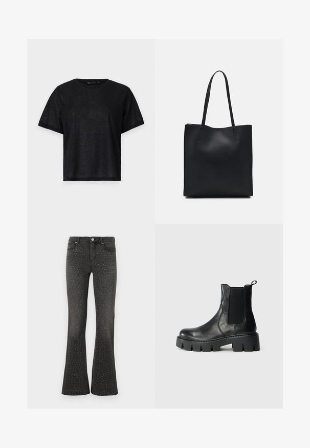 T-shirt noir à manches courtes avec une coupe décontractée, présentant une texture lisse et un col rond. Tissu léger avec un subtil éclat.; Jean flair noirs en denim, ornés de clous blancs sur toute la surface. Taille haute avec style à cinq poches standard et fermeture à glissière.; Bottine en cuir noir avec panneaux élastiques sur les côtés, semelle épaisse crantée et languette, sur fond gris clair, vue de côté.; Sac fourre-tout en cuir noir avec une texture lisse, de forme rectangulaire et deux longues poignées. Pas de matériel ou d'ornementations visibles.