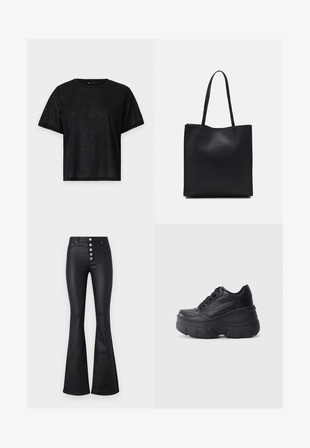 T-shirt nera a maniche corte con una vestibilità rilassata, caratterizzata da una texture liscia e un collo a giro. Tessuto leggero con una leggera lucentezza.; Pantaloni neri a zampa d'elefante realizzati in un materiale liscio e elasticizzato, con vita alta e cinque bottoni metallici frontali. Presentano due tasche laterali.; Sneaker nere con lacci e suola spessa, caratterizzate da una tomaia in pelle liscia, punta arrotondata e un distintivo design a piattaforma stratificata.; Borsa tote in pelle nera con texture liscia, forma rettangolare e due manici lunghi. Nessun hardware o decorazione visibile.