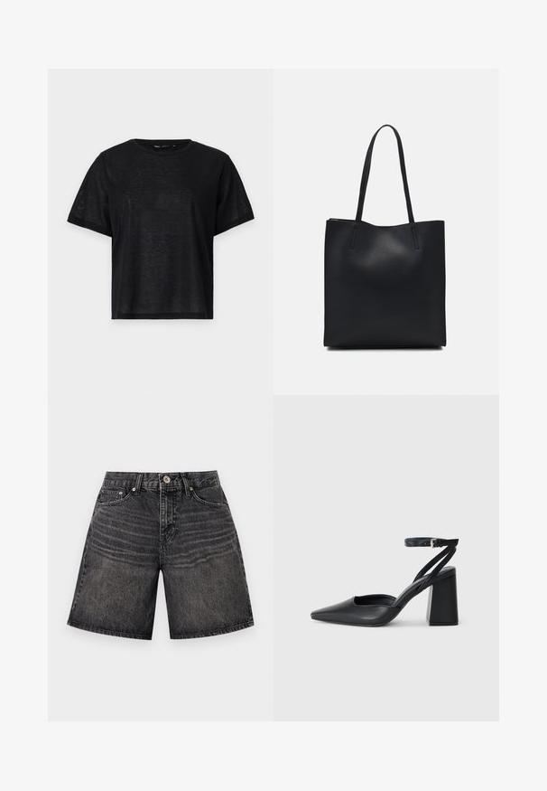 Melnas īsā piedurkņu T-kreklis ar brīvu piegriezumu, ar gludu tekstūru un apaļu kakla izgriezumu. Viegls audums ar smalku spīdumu.; Melni džinsu šorti ar taisnu griezumu, ar priekšējo pogu slēgšanu, pieciem kabatām un vieglām izbalējumu zīmēm.; Melna ādas augstpapēžu kurpe ar norakstīto purngala formu, potītes siksniņu un masīlu papēdi. Gluda tekstūra, elegants dizains un minimālisma estētika.; Melnas ādas somiņa ar gludu tekstūru, taisnstūra formu un divām garām rokturiem. Nav redzamu aparatūras vai rotājumu.