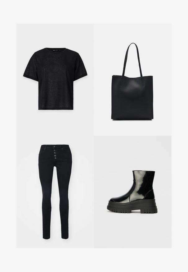 T-shirt preto de manga curta com um corte descontraído, apresentando uma textura suave e um decote redondo. Tecido leve com um brilho subtil.; Jeans skinny pretos com cintura alta, fecho de cinco botões e dois bolsos frontais. Textura de denim suave, sem padrões ou detalhes visíveis.; Bota de tornozelo preta e brilhante com sola grossa e arredondada, vista lateral sobre fundo cinza claro.; Bolsa tote preta em couro com textura lisa, forma retangular e duas alças longas. Sem hardware ou enfeites visíveis.