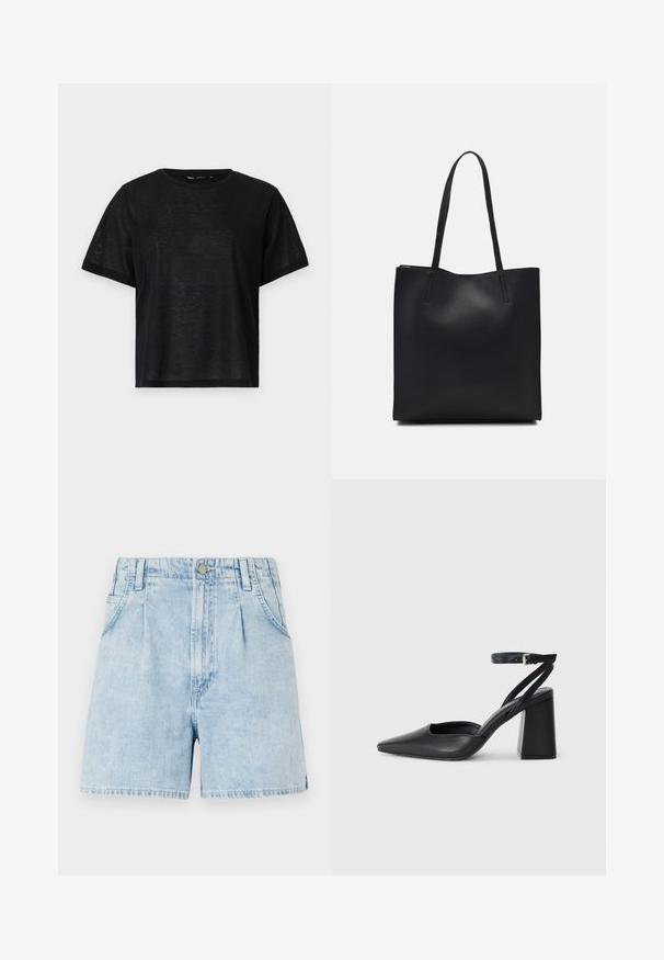 Must musta lühikese varrukaga T-särk, millel on vabalt langev lõige, sile tekstuur ja ümmargune kaelus. Kerge kangas, millel on kerge sära.; Hele sinine teksashorts kõrge vöökohaga, millel on ees voldid, kaks küljetaskut ja nööp sulgemine. Pehme, tekstuuriga kangas.; Mustmustest must-käigukingad, millel on konksuga nöör ja paks konts. Ühtlane tekstuur, stiilne disain ja minimalistlik esteetika.; Mustast nahast kott sujuva tekstuuriga, ristkülikukujuline ja kahe pika sangaga. Pole nähtavat riistvara ega kaunistusi.