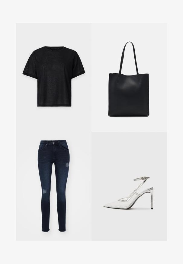 Must musta lühikese varrukaga T-särk, millel on vabalt langev lõige, sile tekstuur ja ümmargune kaelus. Kerge kangas, millel on kerge sära.; Tumedat sinised skinny teksad, mis on valmistatud denimist, sisaldavad rebenenud põlve detaile, kulunud serva, viit taskut ja nööpidel sulgemist.; Selge stiletto-kontsaga king, terava varbaga, läbipaistvast materjalist, metalsete hõbedaste detailidega ja reguleeritava pahkluu rihmaga.; Mustast nahast kott sujuva tekstuuriga, ristkülikukujuline ja kahe pika sangaga. Pole nähtavat riistvara ega kaunistusi.