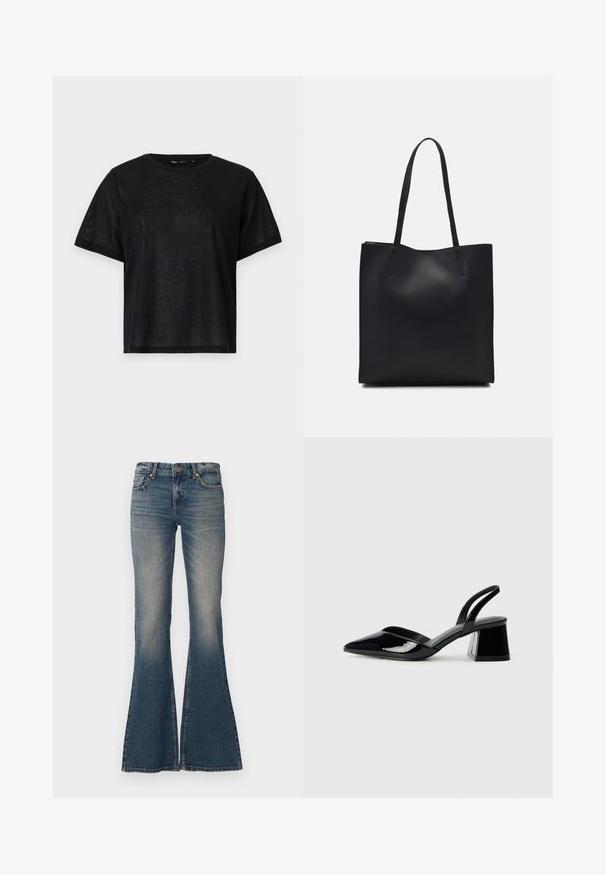 Tricou negru cu mânecă scurtă, cu o croială lejeră, având o textură netedă și un decolteu rotund. Material ușor cu un luciu subtil.; Jeans evazați din denim de culoare bleu, cu închidere prin buton, design cu cinci buzunare și un finisaj decolorat, având o deschidere largă la picior.; Pantofi cu toc slingback din piele lacuită neagră, cu vârf ascuțit și toc geometric. Prezintă un design elegant, minimalist și o textură netedă.; Geantă tote neagră din piele, cu textură netedă, formă rectangulară și două mânere lungi. Fără hardware vizibil sau ornamente.