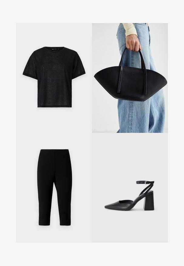 Melnas īsā piedurkņu T-kreklis ar brīvu piegriezumu, ar gludu tekstūru un apaļu kakla izgriezumu. Viegls audums ar smalku spīdumu.; Melnas capri bikses, izgatavotas no elastīga auduma, ar pieguļošu dizainu, kas beidzas tieši zem ceļgala, ar gludu virsmu un neredzamām šuvēm.; Melna ādas augstpapēžu kurpe ar norakstīto purngala formu, potītes siksniņu un masīlu papēdi. Gluda tekstūra, elegants dizains un minimālisma estētika.; Melnas ādas rokassoma ar unikālu ventilatora formu, aprīkota ar plakaniem rokturiem. Virsma ir ar graudainu faktūru un minimālistisku dizainu.