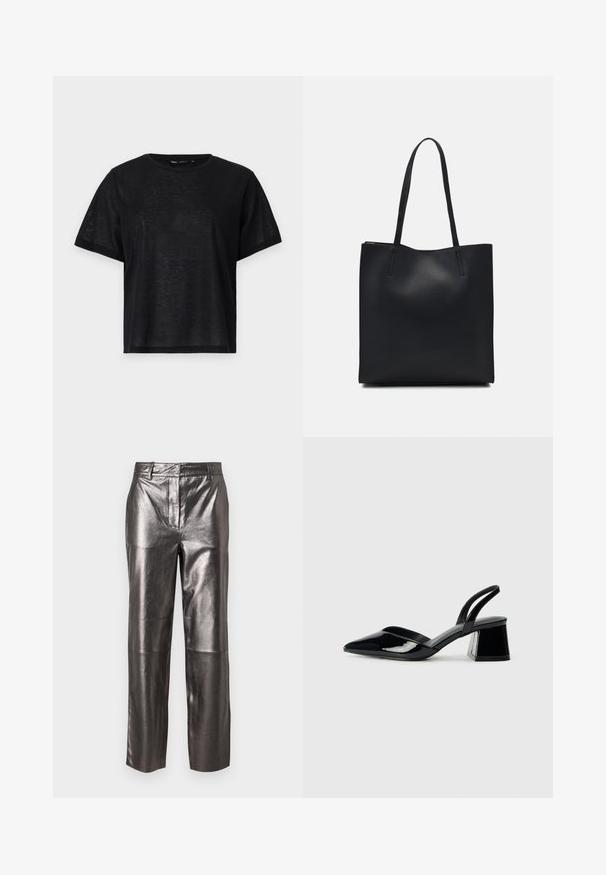 T-shirt preto de manga curta com um corte descontraído, apresentando uma textura suave e um decote redondo. Tecido leve com um brilho subtil.; Calças de pele prateada metálica com um design de perna reta, apresentando uma textura suave, passantes para cinto e bolsos frontais.; Sandy em verniz preto com salto slingback, ponta afilada e salto geométrico. Apresenta um design elegante e minimalista com textura suave.; Bolsa tote preta em couro com textura lisa, forma retangular e duas alças longas. Sem hardware ou enfeites visíveis.