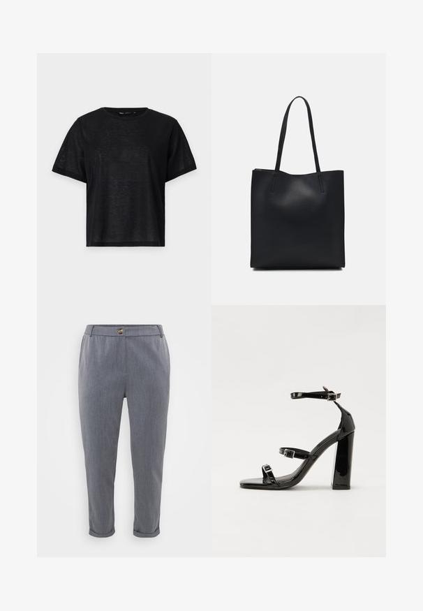 T-shirt preto de manga curta com um corte descontraído, apresentando uma textura suave e um decote redondo. Tecido leve com um brilho subtil.; Calças cinzentas sob medida com uma textura suave e tecido, com bainhas dobradas, bolsos frontais e fecho de botão na cintura.; Sandálias de tacão preto laqueadas com bico quadrado, tiras para o tornozelo e fivelas prateadas. Apresentam um salto bloco chunky para estabilidade.; Bolsa tote preta em couro com textura lisa, forma retangular e duas alças longas. Sem hardware ou enfeites visíveis.