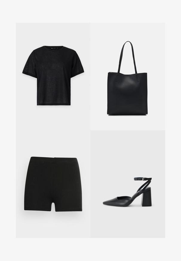 Black short-sleeve t-shirt with a relaxed fit, featuring a smooth texture and a crew neckline. Lightweight fabric with a subtle sheen.; Black cotton shorts with a fitted design and elastic waistband. Smooth texture, mid-thigh length, and no visible patterns or accents.; Black leather pointy-toe pump with an ankle strap and a chunky heel. Flat texture, sleek design, and minimalistic aesthetics.; Black leather tote bag with smooth texture, rectangular shape, and two long handles. No visible hardware or embellishments.