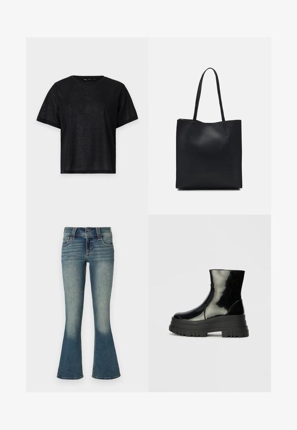 Zwart t-shirt met korte mouwen en een relaxte pasvorm, voorzien van een gladde textuur en een ronde hals. Lichtgewicht stof met een subtiele glans.; Mid-blauwe denim jeans met lichte vervaging bij de dijen en uitlopende pijpen, voorzien van voorkanten zakken, riemlussen en een dubbele knopen sluiting.; Zwarte glanzende enkelboot met dikke profielzool en ronde neus, zijaanzicht op een effen lichtgrijze achtergrond.; Zwarte leren handtas met een gladde textuur, rechthoekige vorm en twee lange handvaten. Geen zichtbare hardware of versieringen.
