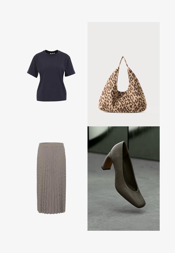 Tengerészkék pamut póló, rövid ujjak, kerek nyak, laza szabás, sima textúra, nincs látható minta vagy kiegészítő.; Hosszú, pliszírozott midi szoknya fekete-fehér kockás mintával. Jellemzi egy derékpánt és a texturált anyag, amelyen egyenes vonalú szabás található.; Sötét olíva zöld bőrből készült, négyzet alakú orrú, tömbsarkú magassarkú cipő, amely lebeg egy szürke betonpadlón, elmosódott zöld háttér előtt.; Puha anyagból készült leopárdmintás táska, amely egyedi, háromszögletű formájával, nagy nyitott fülével és sima textúrájával tűnik ki.