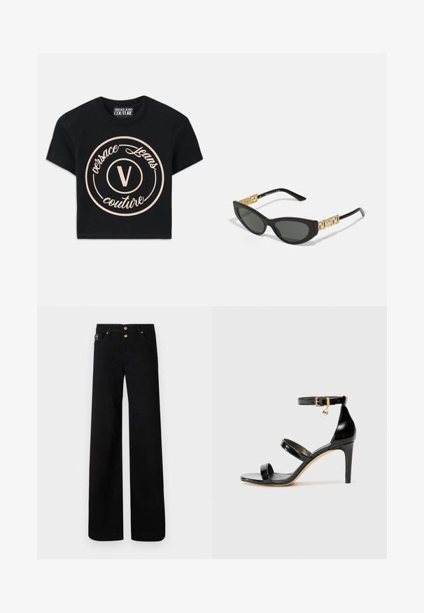 Musta puuvillapaita, jossa on suuri vaalean beige ympyrälogo, jossa lukee "Versace Jeans Couture" ja keskeinen "V" tyylikkäällä fontilla. Lyhyet hihat.; Mustat epäsuorat housut, jotka on valmistettu puuvillasta, ja joissa on nappisulku ja kaksi etutaskua. Erityiset kultaiset napit sulkemiseen ja tyyliin.; Musta patentoitu nahkasandaali, jossa on kolme hihnaa, nilkkasolki ja 4 tuuman stiletto-korko. Varustettu kultaisilla yksityiskohdilla ja logokoristeella.; Mustat kissakuvioiset aurinkolasit tummilla linsseillä, joissa on kultaiset geometriset korostukset temppeleissä ja tyylikäs matta-pintakuvio.