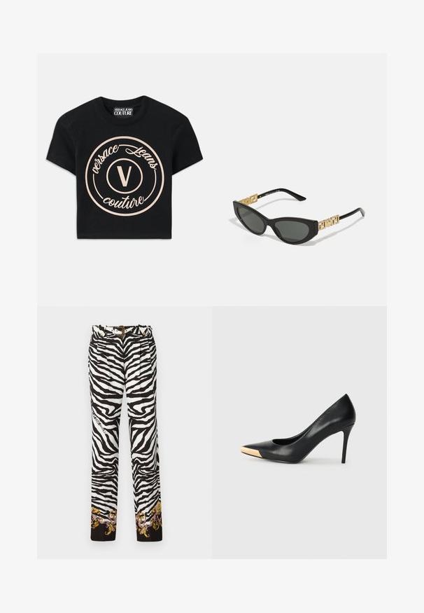 Musta puuvillapaita, jossa on suuri vaalean beige ympyrälogo, jossa lukee "Versace Jeans Couture" ja keskeinen "V" tyylikkäällä fontilla. Lyhyet hihat.; Zebra-kuvioiset housut mustavalkoisina, joissa on koristeellinen kukkakuvio helmoissa ja kultaista yksityiskohtaa oleva vyö soljella.; Musta nahkainen korkea korkokenkä kapealla kärjellä; siinä on metallinhohtoinen kultainen yksityiskohta varpaankärjessä. Suora pinta ja tyylikäs muotoilu.; Mustat kissakuvioiset aurinkolasit tummilla linsseillä, joissa on kultaiset geometriset korostukset temppeleissä ja tyylikäs matta-pintakuvio.