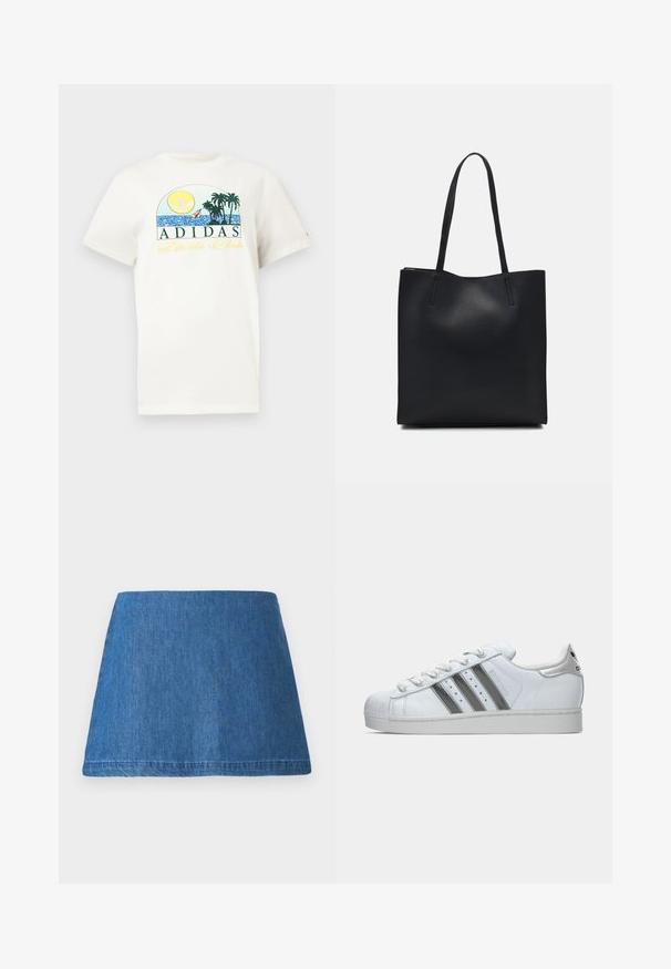 Valkoinen puuvillapaita, jossa on graafinen kuvitus auringosta, palmupuista ja vedestä. Teksti "ADIDAS Sports Club" painettuna vihreällä ja keltaisella.; Denim mini hame in a medium blue tone, avea o formă clasică în A, margine curată și fără decorațiuni sau modele vizibile.; Valkoiset Adidas Superstar -lenkkarit, joissa on kolme mustaa raitaa, kengännauhat sidottuina, kuminen kärki ja Adidas-logo kantapään lapussa nähtynä sivuprofiilista.; Mustapahkainen kangaskassi, jossa on sileä pinta, suorakaiteen muotoinen ja kaksi pitkää kahvaa. Ei näkyvää metalliosaa tai koristeita.