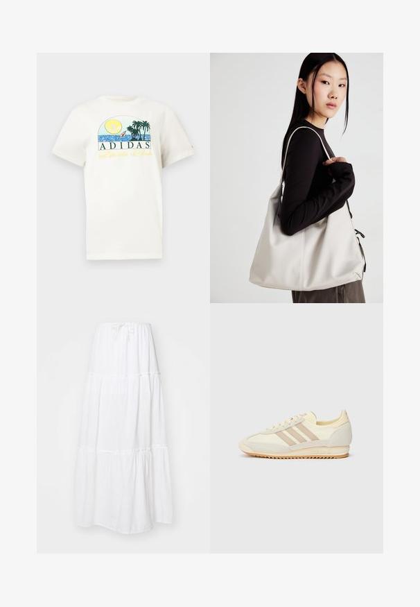 Witte katoenen t-shirt met een grafisch ontwerp van een zon, palmbomen en water. "ADIDAS Sports Club" gedrukt in groen en geel.; Witte maxi-rok van lichtgewicht stof, met een gelaagd ontwerp en geplooide accenten, en een verstelbare koordtaille.; Crème sport sneaker met drie beige strepen, suède en textielmaterialen, een gestructureerde zool en geperst logo op de hiel.; Beige handtas gemaakt van zacht materiaal, met een slonzig ontwerp, gestikte details en twee schouderbanden. Geschikt voor dagelijks gebruik.