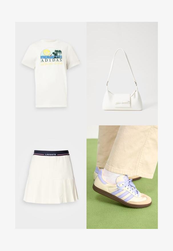 Weißes Baumwoll-T-Shirt mit einem grafischen Design, das eine Sonne, Palmen und Wasser zeigt. "ADIDAS Sports Club" in grün und gelb aufgedruckt.; Weißer plissierter Rock mit einem marineblauen Bund, der das Lacoste-Logo und rote Akzente zeigt. Hergestellt aus einem glatten, weichen Material.; Cremefarbene und lavendelfarbene Sneakers mit drei Streifen und einer strukturierten braunen Sohle, ausgestattet mit Schnürsenkeln und einer gepolsterten Ferse. Obermaterial aus weichem Stoff.; Weiße synthetische Handtasche in dreieckiger Form, flache Vorderklappe und Schleifendetail, verstellbarer Trageriemen, glatte Textur und minimalistisches Design.