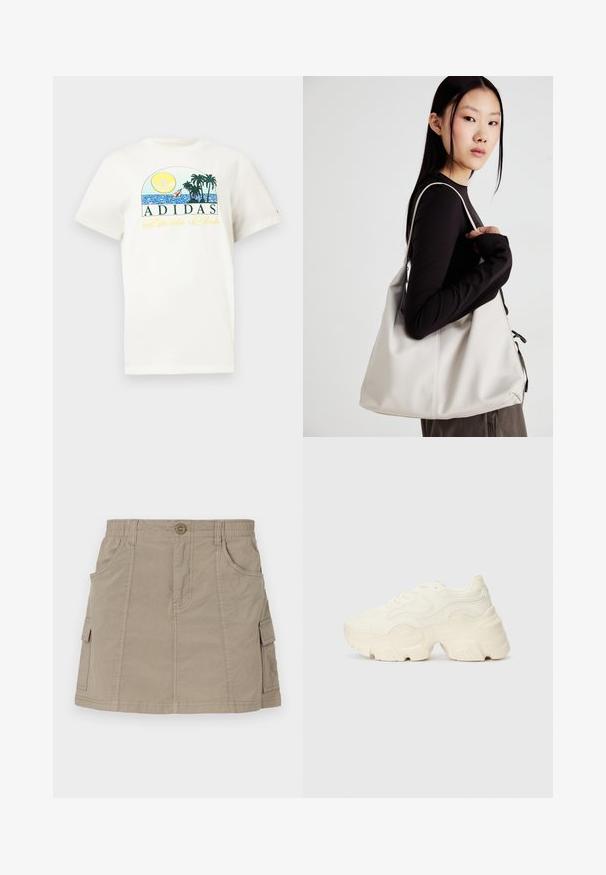 White cotton t-shirt featuring a graphic design with a sun, palm trees, and water. "ADIDAS Sports Club" printed in green and yellow.; Khaki cargo skirt with a waistband, front pockets, and side cargo pockets. Made from a lightweight fabric with a smooth texture.; Chunky white sneakers made of textured mesh and synthetic materials, featuring a thick sole and intricate pattern details along the sides.; Beige handbag made of soft material, featuring a slouchy design, stitched detailing, and two shoulder straps. Suitable for everyday use.