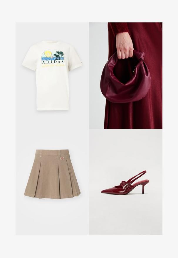 T-shirt de algodão branco com um design gráfico apresentando um sol, palmeiras e água. "ADIDAS Sports Club" impresso em verde e amarelo.; Saia plissada bege feita de um tecido texturizado. Apresenta um cós com passantes para cinto e um logo na parte frontal esquerda.; Sapatos de salto slingback em verniz vermelho, com bico fino, duas tiras com fivela e um salto stiletto fino de altura média. Textura suave.; Bolsa de couro bordô com um design suave e franzido, e uma forma arredondada. A alça é fixa, apresentando uma textura suave.