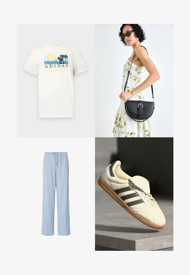 Witte katoenen t-shirt met een grafisch ontwerp van een zon, palmbomen en water. "ADIDAS Sports Club" gedrukt in groen en geel.; Lichtblauwe, elastische tailleband, losvallende pyjamabroeken met een subtiele textuurpatroon. Voorzien van een trekkoordsluiting voor een verstelbare pasvorm.; Crème leren sneaker met drie donkere strepen, een bruine gumrubberen zool en een ronde neus. Voorzien van een opvouwbare tong met het label "SAMBA."; Zwarte leren handtas met een gebogen vorm, afneembare schouderband en gouden hardware. De tas heeft een klep met een gespsluiting.