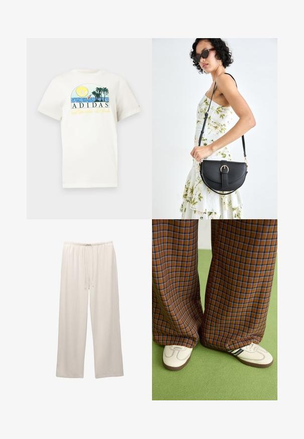 Biela bavlnená tričko s grafikou znázorňujúcou slnko, palmy a vodu. Nápis "ADIDAS Sports Club" vytlačený v zelenej a žltej farbe.; Svetlé, široké nohavice vyrobené z mäkkej tkaniny s elastickým pásom a nastaviteľnou šnúrkou pre pohodlie.; Hnedé a modré kárované nohavice s širokými nohavicami skombinované s bielymi topánkami s čiernymi akcentmi a textúrovanými podrážkami, umiestnené na zelenom pozadí.; Čierna kožená kabelka s zaobleným tvarom, odnímateľným popruhom a zlatými doplnkami. Kabelka má klopu s detailom s prackou.