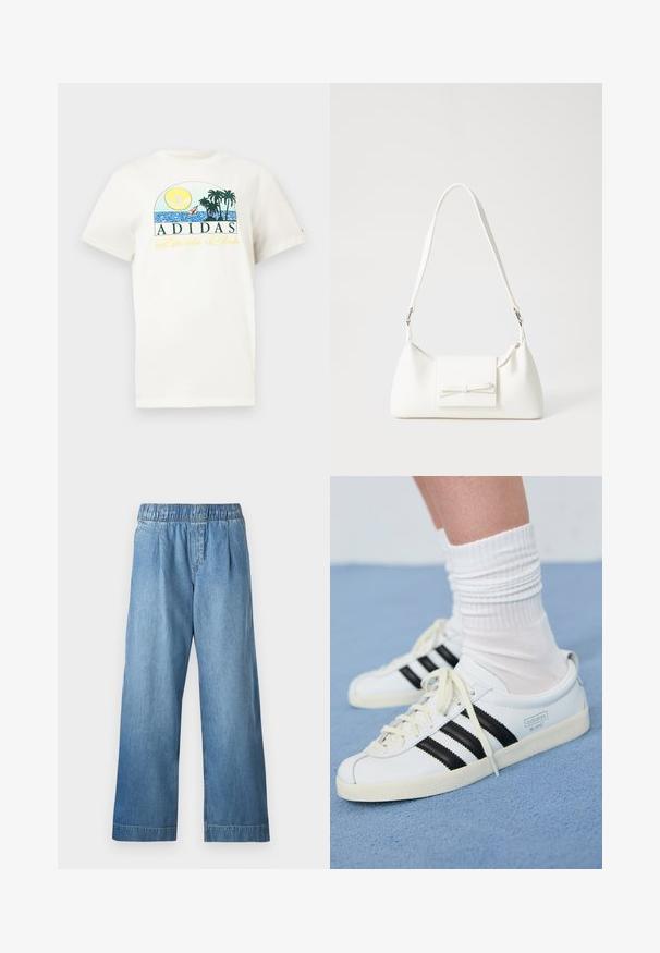 Camiseta de algodón blanca con un diseño gráfico que presenta un sol, palmeras y agua. "ADIDAS Sports Club" impreso en verde y amarillo.; Pantalones de mezclilla azul claro con cintura elástica, corte de pierna ancha y textura sutil. No cuenta con bolsillos visibles ni embellishments.; Zapatillas de cuero blancas con rayas negras, suela crema y cordones claros. Llevadas con calcetines blancos acanalados, situadas sobre un fondo azul.; Bolso sintético blanco con forma triangular, tapa frontal plana y detalle de lazo, correa ajustable, textura suave y diseño minimalista.
