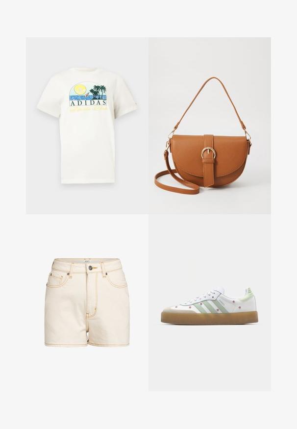White cotton t-shirt featuring a graphic design with a sun, palm trees, and water. "ADIDAS Sports Club" printed in green and yellow.; Beige denim shorts with a high waist, featuring contrasting yellow stitching, front pockets, and a branded metal button closure.; White sneaker with green accents, three stripes, floral embroidery, and a gum sole. Features a rounded toe and lace-up design.; Brown leather crossbody bag with a curved shape, gold hardware, and a buckle accent. Features a detachable shoulder strap.