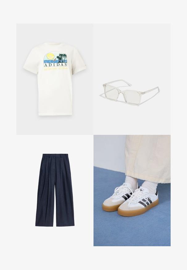 Witte katoenen t-shirt met een grafisch ontwerp van een zon, palmbomen en water. "ADIDAS Sports Club" gedrukt in groen en geel.; Marinblauwe wijdvallende broek van linnen, met een hoge taille, geplooide voorkant en zijzakken voor functionaliteit.; Witte sneakers met zwarte strepen en beige suède accenten. Voorzien van een gestructureerde gumzool en platte witte veters, gedragen met lichtgekleurde sokken.; Heldere plastic vierkante monturen met doorzichtige glazen, gekenmerkt door gouden accenten op de slapen voor extra detail.