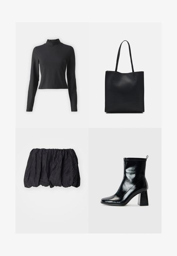 Črn dolgi rokav turtleneck top, izdelan iz mehkega, razteznega materiala. Prilega se telesu in ima krajšo dolžino ter gladko teksturo.; Črn gubani vrh iz tkanine z elastičnim pasom, ki ima teksturirano površino in nabrano zasnovo za voluminозно obliko.; Črne lakaste gležnjarice s kvadratnim nosom in masivnim geometrijskim petam. Imajo gladko, sijočo teksturo in zadaj potegovalno zanko za enostavno obuvanje.; Črna usnjena torba s svilnato teksturo, pravokotne oblike in dvema dolgima ročajema. Brez vidnih metalnih delov ali okrasnih elementov.