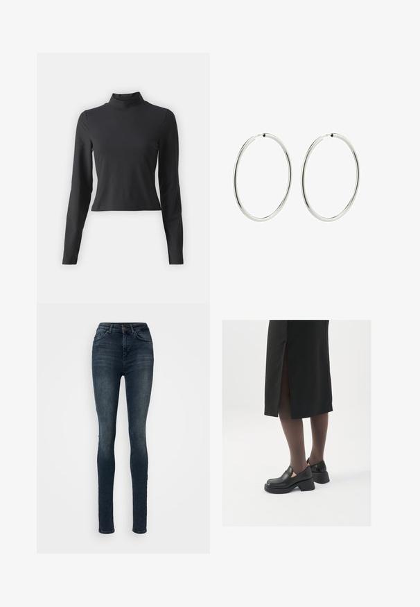 Crna majica s dugim rukavima i visokim ovratnikom, izrađena od mekanog, rastezljivog materijala. Prilagođen dizajn s kraćom dužinom i glatkom teksturom.; Uske tanki traperice u tamnoplavom denimu. Visokog struka s pet džepova, s blagim izblijedjelim teksturom i prednjim metalnim kopčanjem.; Crne kožne cipele s zaobljenim vrhom, debelim blok petama i elastičnim bočnim detaljima, uparene s tamnim čarapama i crnom suknjom s prorezom.; Srebrne kružne naušnice s glatkom, poliranom površinom. Kružni oblik, dosljedna širina, dizajnirane za laku kopču. Jednostavne i elegantne.