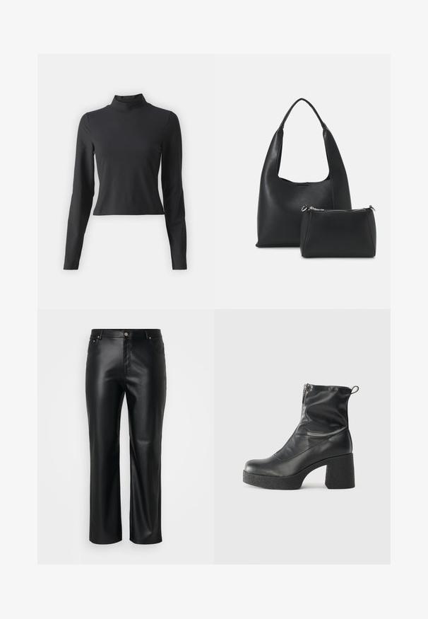 Melnas garām piedurknēm turtlenecks, izgatavots no mīksta, elastīga auduma. Fit, kas paredzēts, ar īsu garumu un gludu tekstūru.; Melnas mākslīgās ādas bikses ar taisnu griezumu, ar jostas cilpām, priekšpogu kabatām un rāvējslēdzēju ar pogu aizdari. Gluda tekstūra.; Melni potītes zābaki, kas izgatavoti no gludas ādas, ar sānu rāvējslēdzēju, masīvu strukturētu papēdi un noapaļotu purngalu.; Even&Odd Rokassoma - black