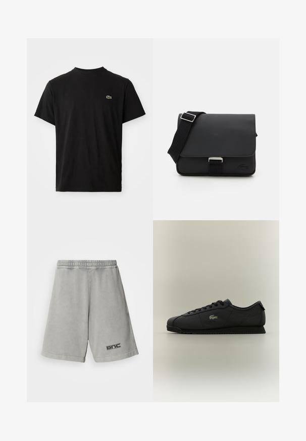 Black short-sleeve t-shirt with crew neck and small green crocodile logo on the left chest against a plain background.; Light gray cotton shorts with an elastic waistband, featuring a black logo on the lower left side and a smooth, plain texture.; Black low-top sneaker with lace-up front, textured sole, and gold crocodile logo on the side.; Black messenger bag made of textured material with a flap closure, adjustable strap, and metal hardware. Features a logo detail on the front.