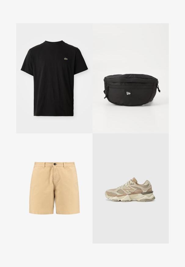 Czarna koszulka z krótkim rękawem, z okrągłym dekoltem i małym zielonym logo krokodyla po lewej stronie klatki piersiowej na jednolitym tle.; Beżowe bawełniane szorty z zapięciem na guzik, kieszeniami z przodu i szlufkami na pasek. Prosty krój z prostymi liniami i gładką teksturą.; Beżowe sportowe sneakersy wykonane z siateczki i zamszu, z okrągłym czubkiem, grubą podeszwą i wyraźnymi odblaskowymi akcentami po bokach.; Czarna nerka wykonana z nylonu; posiada przednią kieszeń na zamek błyskawiczny, regulowany pasek i naszywkę z logo. Okrągły kształt o gładkiej teksturze.