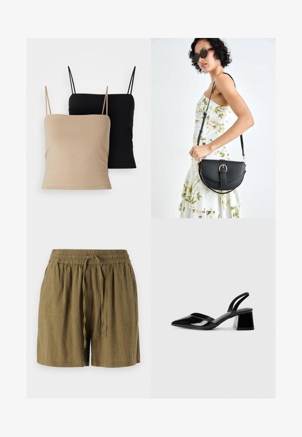 Deux camisoles : l'une beige et l'autre noire. Les deux ont des bretelles fines, un design ajusté et une texture douce et lisse.; Shorts pull-on verts olive en tissu léger, dotés d'une taille élastique et d'un cordon de serrage, avec une coupe décontractée et ample.; Escarpins en cuir verni noir avec bout pointu et talon bloc géométrique. Présente un design élégant et minimaliste ainsi qu'une texture lisse.; Sac à main en cuir noir avec une forme courbée, bandoulière amovible et des accessoires en or. Le sac est doté d'un rabat avec un détail de boucle.