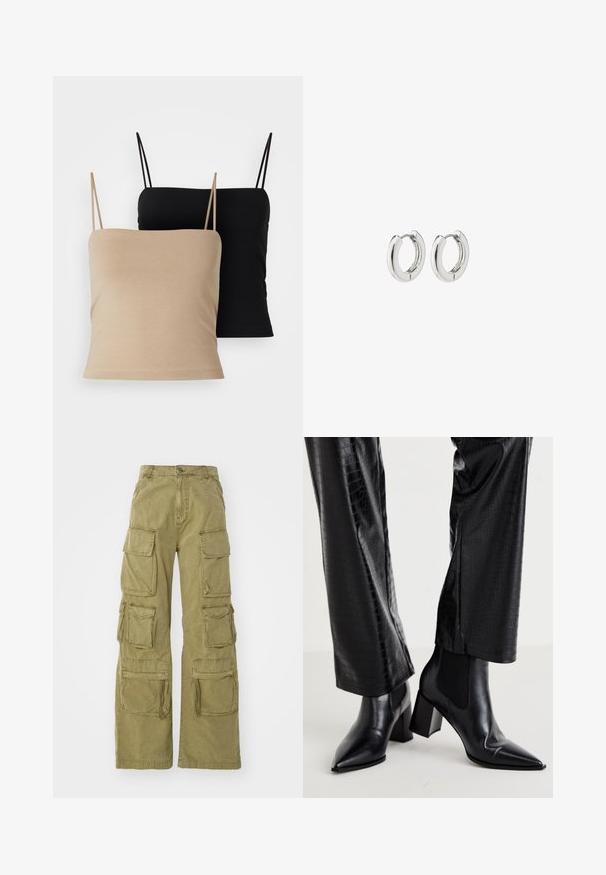 Twee cami's: één beige en één zwart. Beide hebben dunne bandjes, een aangesloten ontwerp en een zachte, gladde textuur.; Khaki cargobroek in een relaxed fit, voorzien van meerdere grote utilityzakken, gestikte details en een knopenluiting. Duurzaam katoenmateriaal.; RAID NEMMA - Lage laarzen - black metallic; Zilveren creolen met een gepolijste afwerking, uitgerust met een cirkelontwerp en naadloze scharnieren, die een gladde textuur tentoonstellen.