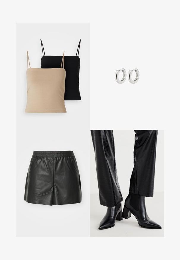 Divas kamzoli: viens bēšs un viens melns. Abiem ir plānas siksnas, pieguļošs dizains un maiga, gluda tekstūra.; Melnas ādas šorti ar elastīgu jostu, pielāgotu dizainu un sānu izliekšanos, kas nodrošina papildu kustību un ventilāciju. Gluda tekstūra.; RAID NEMMA - Klasiski puszābaki - black metallic; Sudraba apli auskari ar spīdīgu apdari, kuriem ir apaļa forma un bezšuvju eņģes, rādot gludu virsmu.