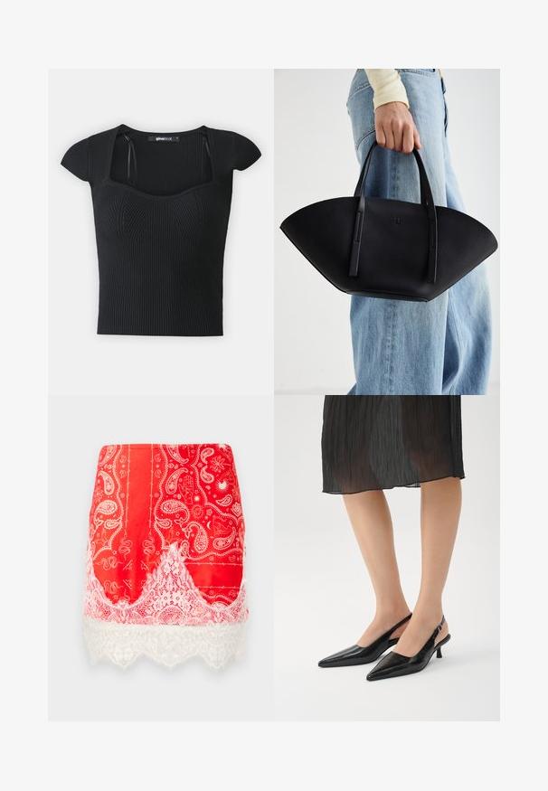 Musträbiga lühikeste varrukatega kampsun, ruudukujuline kaelus ja tekstuuriga detailid rinnal. Silt on nähtav krae sees.; Punane mini-seelik valgete paisley ja müstiliste printidega, millel on valgest lillede pitsist äär.; Mustad, terava nina ja läikiva viimistlusega slingback kontsad, millel on kitsas konts ja avatud selg. Ülemine materjal on tekstuuriga.; Must mustra kott, millel on unikaalne fännikujuline disain, millel on lapikud käepidemed. Pinna tekstuur on kivikujuline ja disain on minimalistlik.