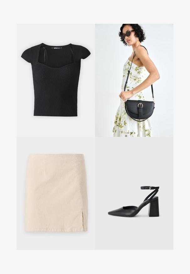 Juodas dryžuotas megztinis su trumpomis rankovėmis, kvadratiniu iškirpimu ir tekstūriniu detalizavimu ant liemens. Etiketė matoma viduje apykaklės.; Šviesiai rudos kordūro juosmens sijonas su vertikaliais raukšlėmis, kuriame yra šoninis įpjovimas kaip papildomas akcentas. Apatinis kraštas tiesus ir lygiai siuvinėtas.; Juoda odinė smailiagalė aukštakulnio bateliai su kulkšnies dirželiu ir storu kulnu. Lygus paviršius, elegantiškas dizainas ir minimalistiška estetinė. ; Juodas odinis krepšys su išlenkta forma, nuimamu dirželiu ir auksiniais detalėmis. Krepšys turi kilpą su sagtimi.