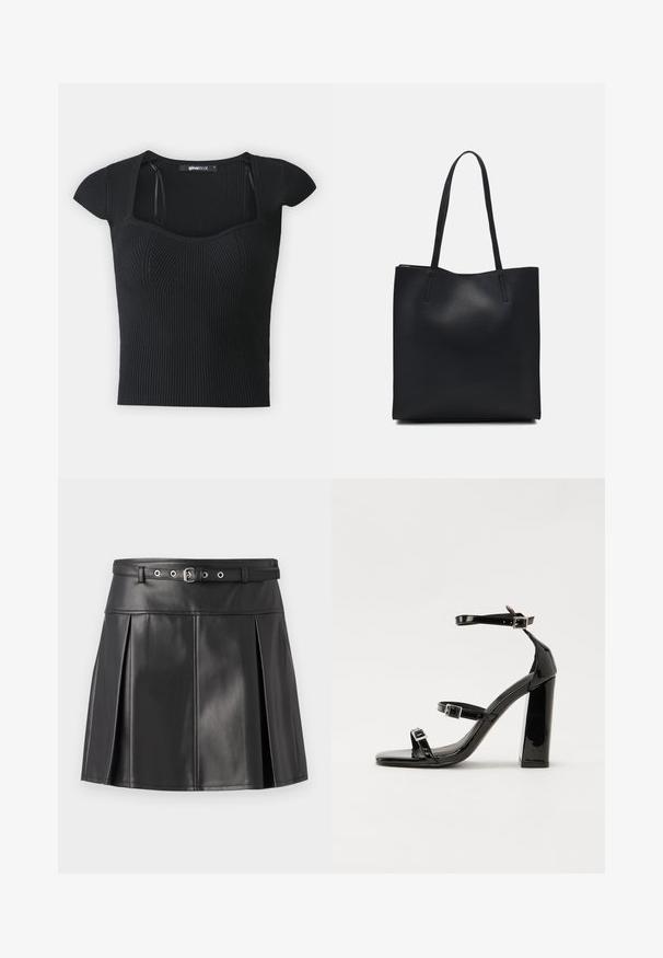 Juodas dryžuotas megztinis su trumpomis rankovėmis, kvadratiniu iškirpimu ir tekstūriniu detalizavimu ant liemens. Etiketė matoma viduje apykaklės.; Juoda klostuota sijonas iš dirbtinės odos, su prigludusia juosmens juosta ir dirželiu bei sidabriniais detalėmis. Lygi tekstūra.; Juoda blizgi lakuota basutė su kvadratiniu pirštu, kulkšnies dirželiais ir sidabro sagtimis. Yra tvirta blokinė kulno konstrukcija, užtikrinanti stabilumą.; Juodas odinis tote krepšys su lygia tekstūra, stačiakampio formos ir dviem ilgais rankenomis. Matomų metalinių detalių ar puošybos nėra.