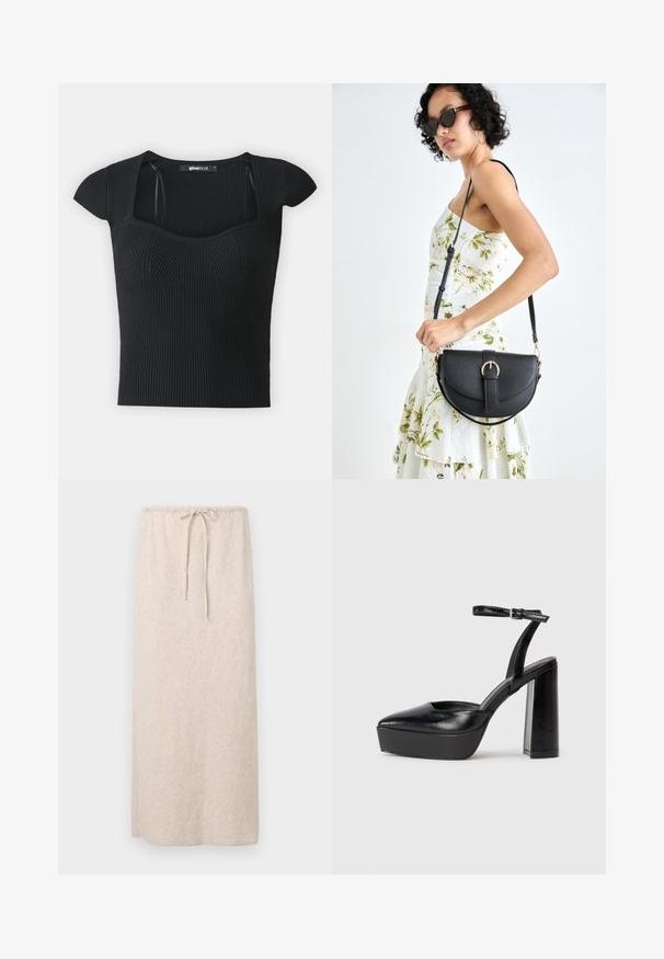 Top tricotat negru cu nervuri, cu mâneci scurte, decolteu pătrat și detalii texturate pe trup. Eticheta este vizibilă în interiorul gulerului.; Fustă maxi bej deschisă, confecționată dintr-un material texturat, cu un model. Include un tiv elastic cu șnur pentru ajustarea potrivirii.; Pantofi cu toc platformă negri, cu vârful ascuțit și curea reglabilă la gleznă. Confecționați din piele netedă, având un toc gros.; Geantă din piele neagră, cu o formă curbată, curea detașabilă și accesorii aurii. Geanta are un capac cu un detaliu tip cataramă.