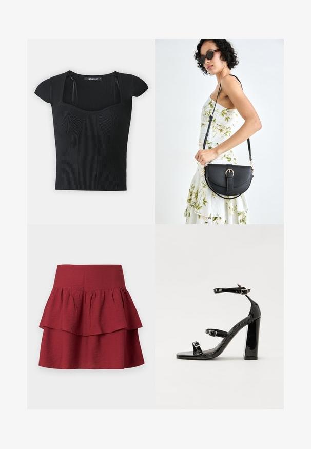 Fekete bordázott kötött felső rövid ujjakkal, négyzet alakú dekoltázzsal és texturált díszítéssel a test részen. Címke látható a gallér belső részén.; Többrétegű szoknya mély burgundi színben, széles derékpánttal, strukturált fodrokkal a rétegeken, és lágy, textúrált anyagból.; Fekete lakk magas sarkú szandál négyzet alakú orral, bokapántokkal és ezüst csatokat tartalmaz. Masszív blokk sarka a stabilitásért felel.; Fekete bőrtáska ívelt formával, levehető pánttal és arany színű fémrészekkel. A táskán egy csattal díszített fedél található.