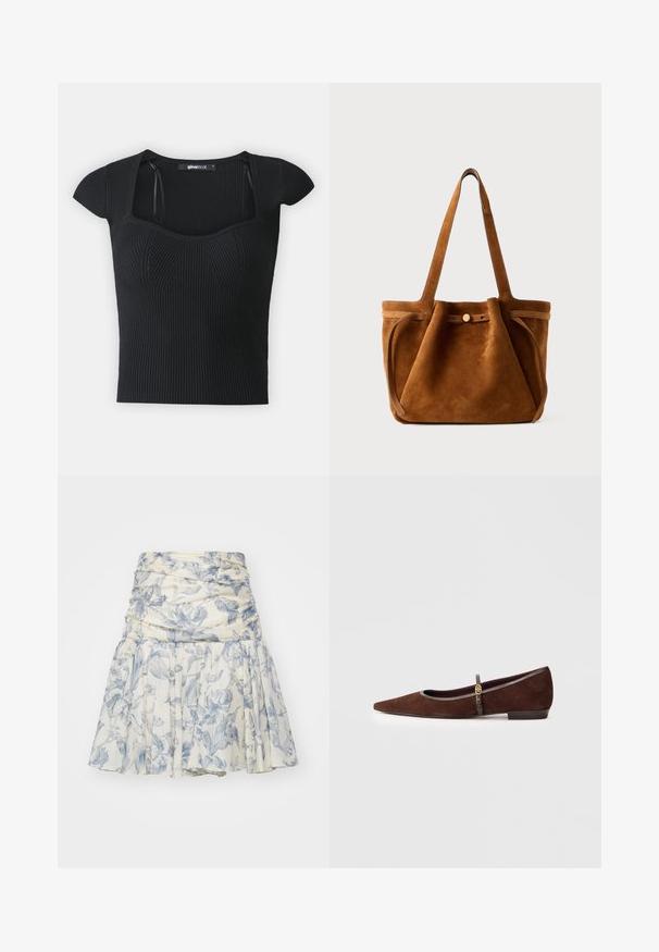 Zwart geribbeld gebreid topje met korte mouwen, vierkante halslijn en textuurdetails op het bovenlijf. Etiket zichtbaar binnenin de kraag.; Lichtgewicht bloemenrok in crème en blauw, met een geraffineerde taille en geplooid ontwerp, gemaakt van een zachte stof met een subtiele textuur.; Bruine suede platte schoen met een spitse neus, voorzien van een dunne band en een gouden hardwareaccent. De schoen heeft een lage hak en grijze afwerking.; Bruine suède totebag met dubbele handvaten, een knoopsluiting en een ontspannen, iets slonzige vorm.