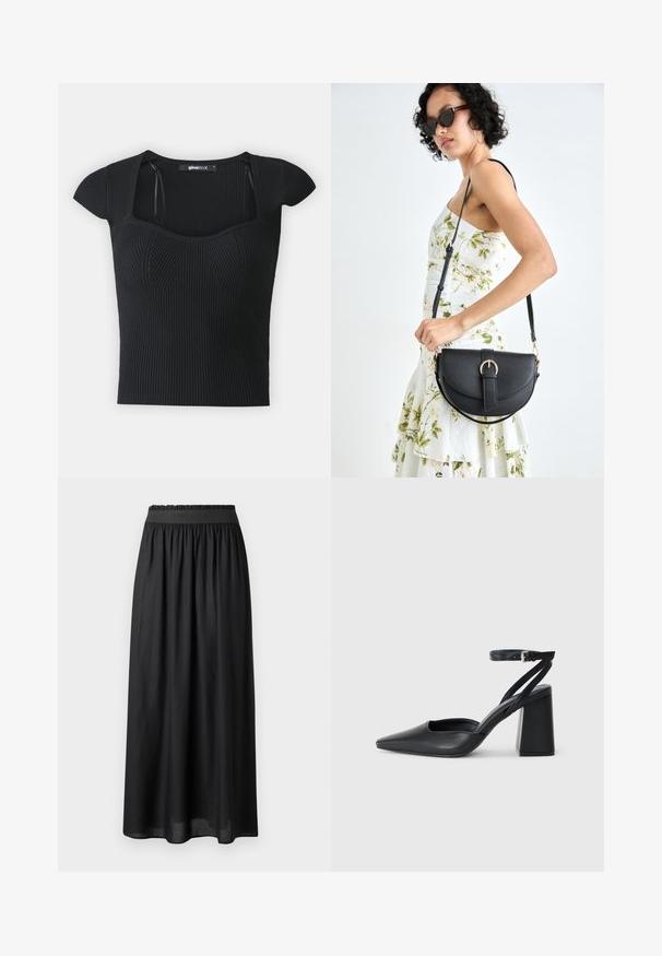 Zwart geribbeld gebreid topje met korte mouwen, vierkante halslijn en textuurdetails op het bovenlijf. Etiket zichtbaar binnenin de kraag.; Zwarte mid-length rok van lichtgewicht stof, met een elastische tailleband en een vloeiende pasvorm met een gladde textuur.; Zwarte leren puntige pump met een enkelbandje en een chunky hak. Vlakke textuur, strakke vormgeving en minimalistische esthetiek.; Zwarte leren handtas met een gebogen vorm, afneembare schouderband en gouden hardware. De tas heeft een klep met een gespsluiting.