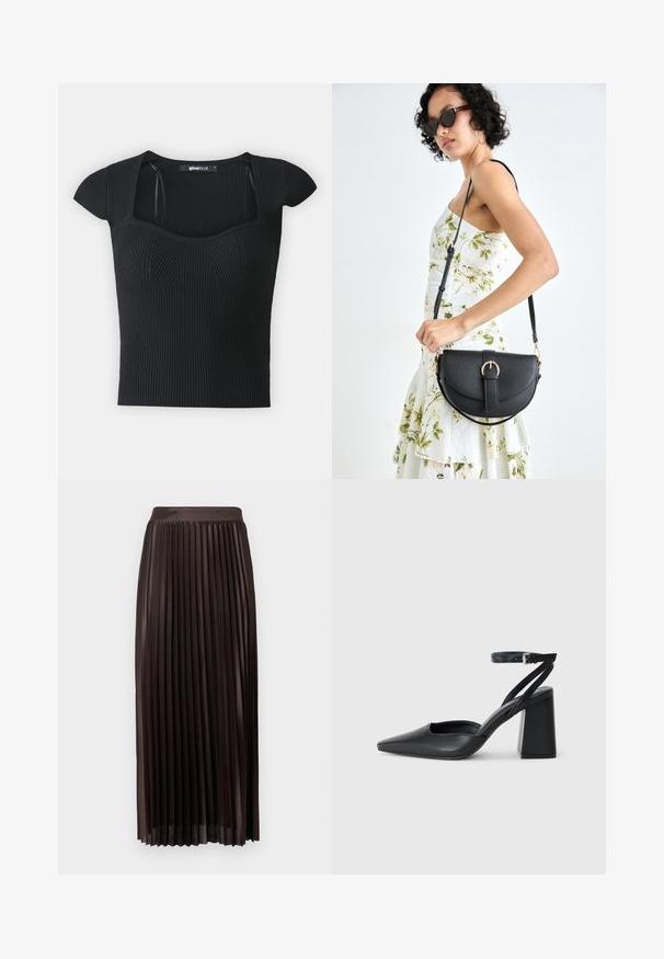 Schwarzes, geripptes Strickoberteil mit kurzen Ärmeln, quadratischem Ausschnitt und strukturierten Details im Oberteil. Etikett im Kragen sichtbar.; Faltenrock in Midi-Länge aus dunkelbraunem Stoff, mit einem glatten Bund, bodenlangen Design und vertikalen Falten für zusätzliche Textur.; Schwarze Leder-Pumps mit spitzer Zehe, einem Knöchelriemen und einem blockigen Absatz. Flache Textur, elegantes Design und minimalistische Ästhetik.; Schwarze Lederhandtasche mit geschwungener Form, abnehmbarem Tragegurt und goldenen Beschlägen. Die Tasche verfügt über einen Deckel mit einer Schnallen-Details.